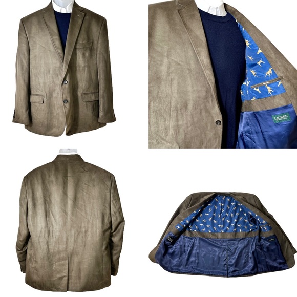 Lauren by Ralph Lauren Brown Faux Suede Blazer With Hunting Dog Lining Mens‎ 46R - Picture 1 of 15